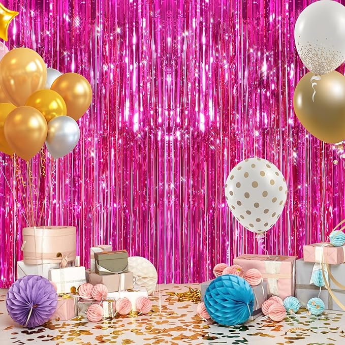 2Pack Hot Pink Metallic Tinsel Foil Fringe Curtains Backdrop for Pink Party Birthday Wedding Bachelorette Baby Shower Holiday Party Decorations Photo Booth Props, Bachelorette Christmas Party Decors