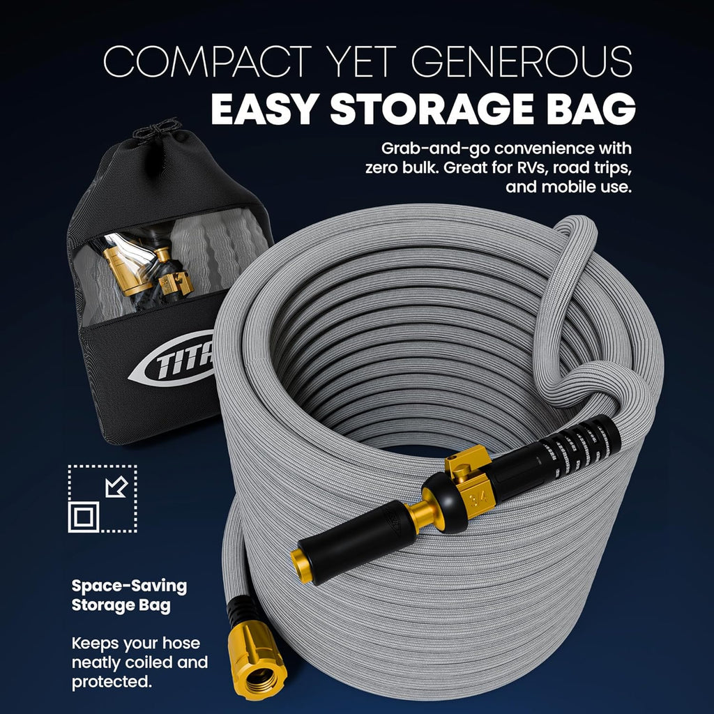 TITAN Flexible Garden Hose 30FT – Ultra Lightweight, Heavy Duty Water Hose with Brass Fittings & Jet Nozzle – Kink-Free, Non-Expanding, Durable Fabric Hose for Yard, Lawn, Car Wash, Outdoor Use