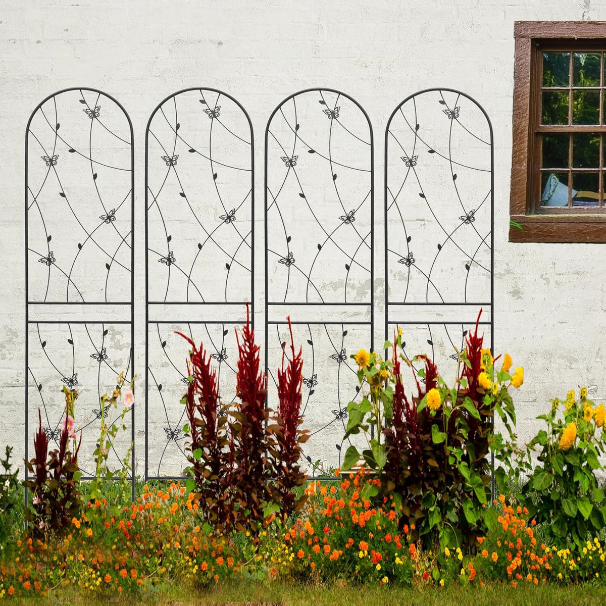 6 Pack Metal Garden Trellis 86.7" Tall Outdoor Climbing Plant Support for Roses, Flowers, Rustproof Durable Black Galvanized Tube, Lawn Garden Fence Decor Screen, 86.7" H