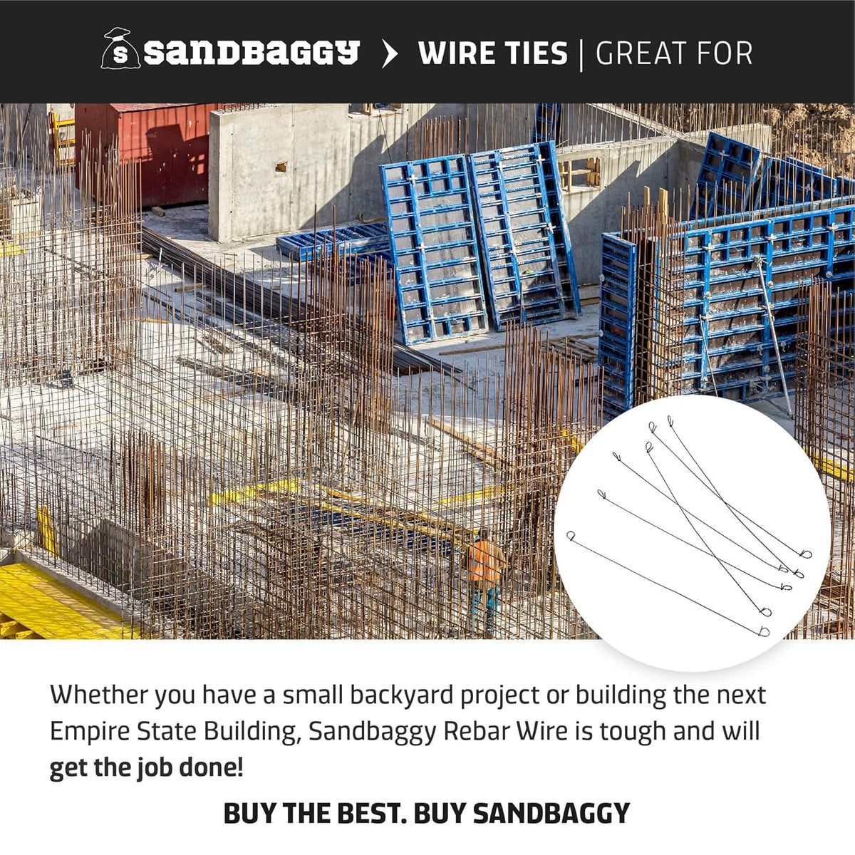 Sandbaggy Double Loop Rebar Wire Bar Ties | 16 Gauge | Made of Industrial Grade Wire | Great for Securing Rebar, Sandbags & More | Extra Long Length (12 Inch Length, Pack of 500)