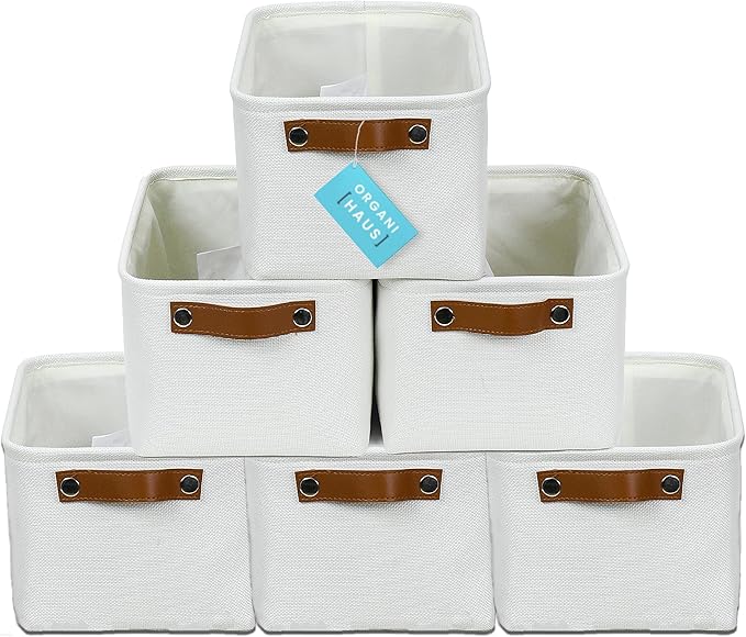 OrganiHaus Small Fabric Storage Baskets for Shelves 6 Pack, 12x8in Closet Storage Bins for Shelves, Cloth Baskets for Organizing, Linen Closet Organizers, Fabric Basket, White Basket