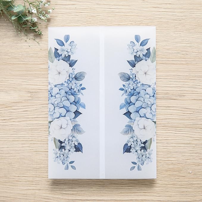 PONATIA 50PCS Vellum Jackets for 5x7 Invitation Cards- 135GSM Dusty Blue Flowers Sleeves, Vellum Paper 5x7 Jackets - Wedding Invitations Wraps - Transparent Card