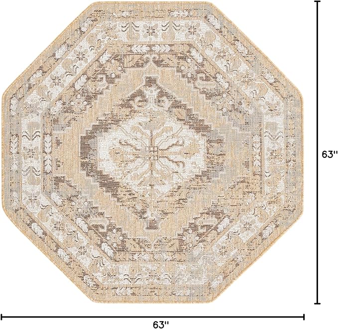 Unique Loom Outdoor Traditional Collection Area Rug - Valeria (5' 3" Octagon, Natural/ Ivory)