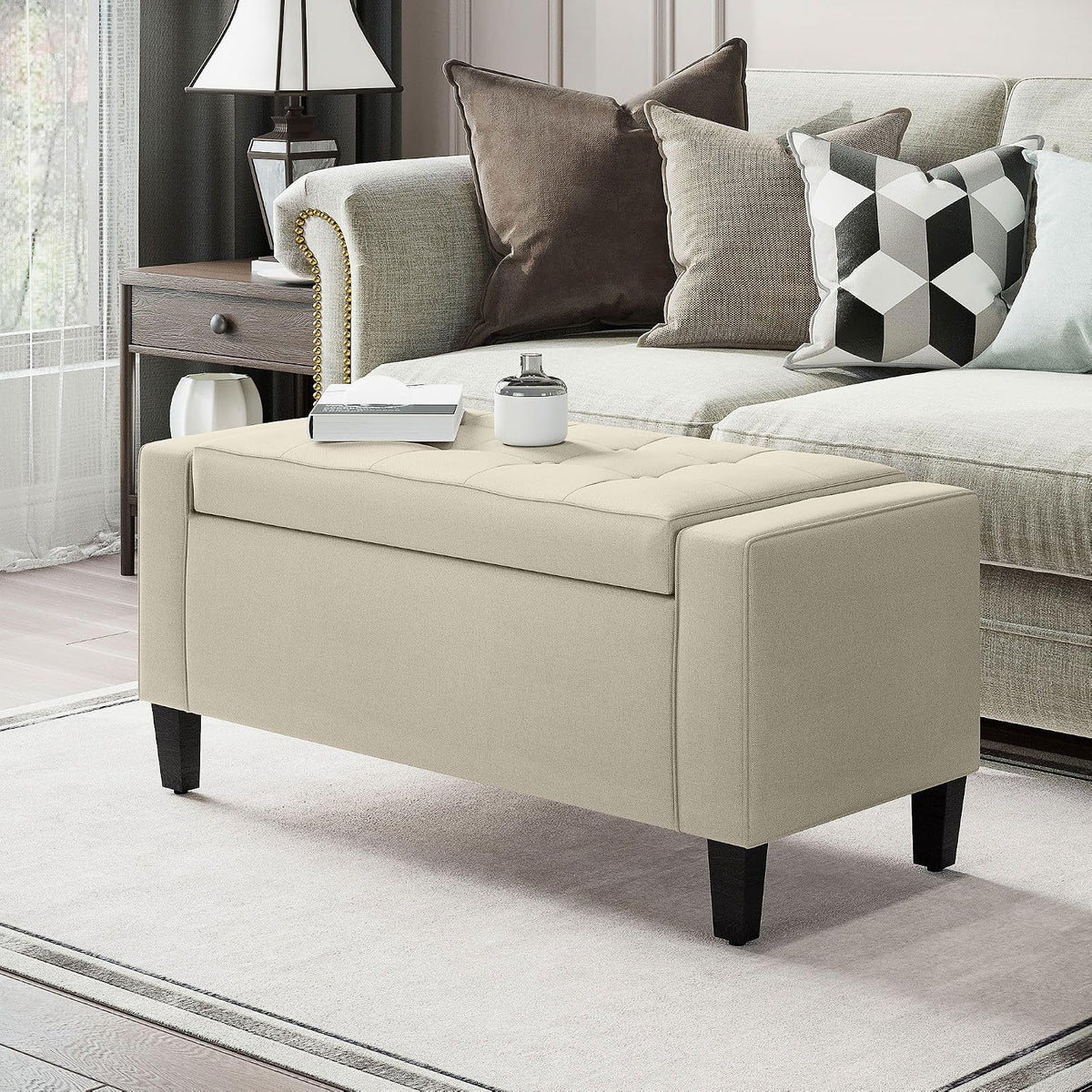 Elegant Linen Tufted Storage Ottoman Bench Lift Top Beige Contemporary Design Premium Upholstery Sturdy Construction Versatile Storage Solution