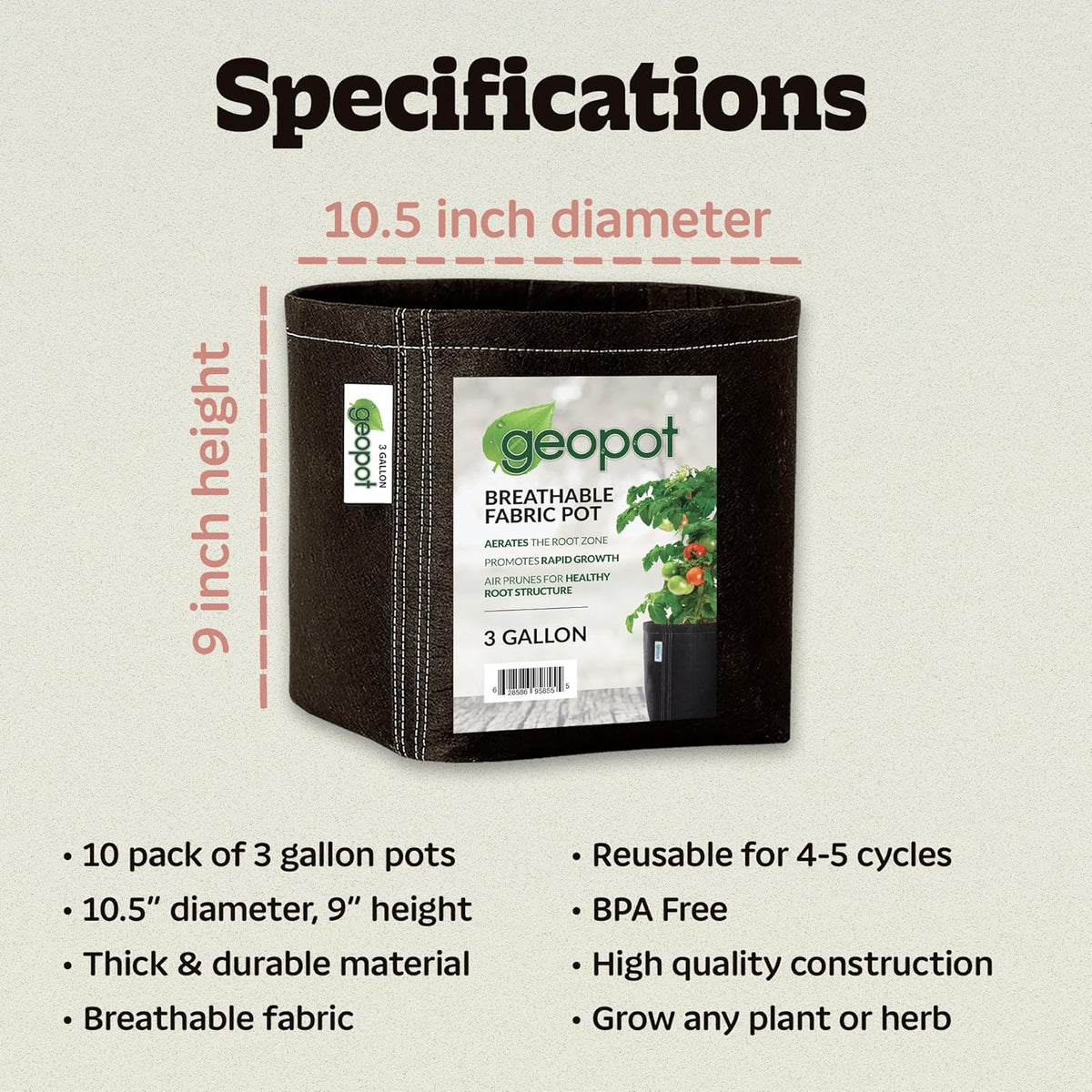 GeoPot 3 Gallon Fabric Grow Bags for Vegetables, Houseplants, Herbs & Flowers | 10-Pack | Fabric Pots for Outdoors and Indoors, Aerated Fabric Grow Bags