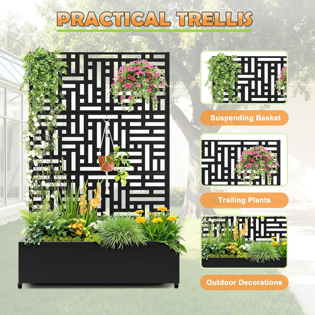 Metal Raised Garden Bed with Trellis, 2-in-1 Planter Box & Privacy Screen for Climbing Plants, Outdoor Standing Flower Bed with Drainage Holes, 47.2" L x 16.7" W x 70.8" H, Black-Helen