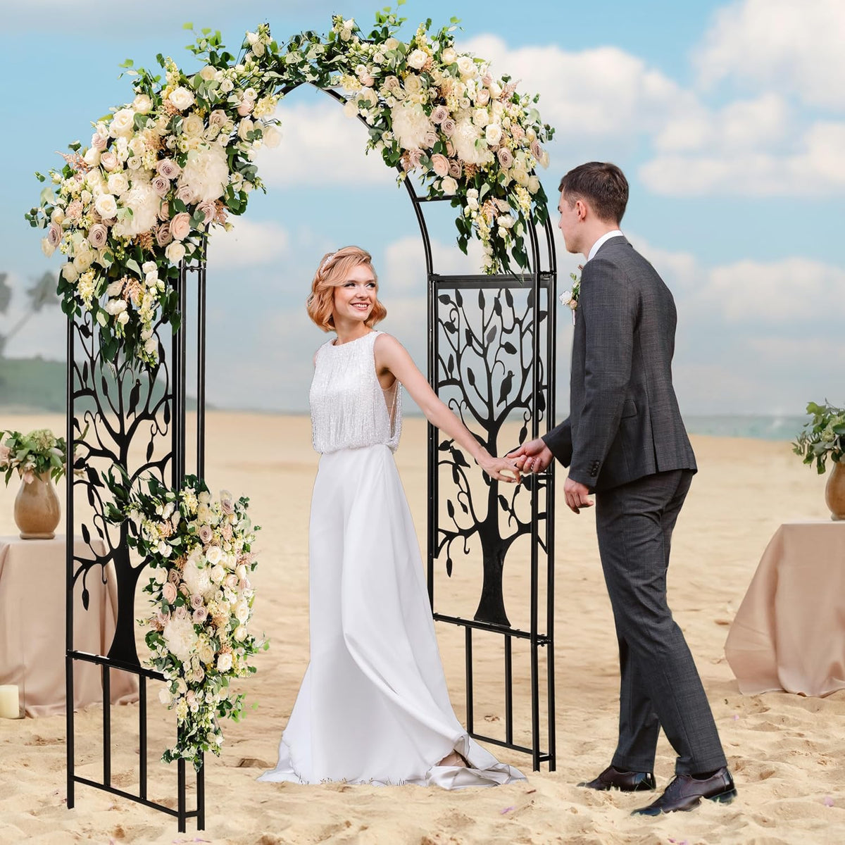 Evergreen Plow & Hearth Tree of Life Garden Arbor - 7 Feet Tall | Slim Metal Arch with Iron Trellis for Climbing Plants | Elegant Wedding Arbor | Outdoor Patio & Garden Decor