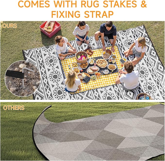 Outdoor Rug Waterproof 8x10 ft, Reversible Outdoor Plastic Straw Rug Patio Rug, RV Rugs for Outside, Outdoor Carpet for Patio Camping Deck Balcony Backyard, Black & Gray