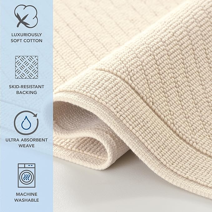 Arkwright 100% Cotton Bathroom Rug - High Absorbent Stylish Textured Woven Design Bath Mat, Slip Resistant Backing for Shower and Bathtub Floor, 20x32 in - Beige