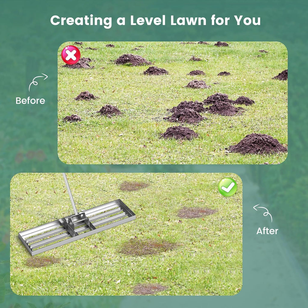 Goplus Lawn Leveling Rake, 36" x 10" Heavy Duty Level Lawn Tool w/ Ergonomic Handle for Soil, Effort-Saving Landscape Rake for Garden, Backyard, Golf Course, Farm, Pasture, Silver