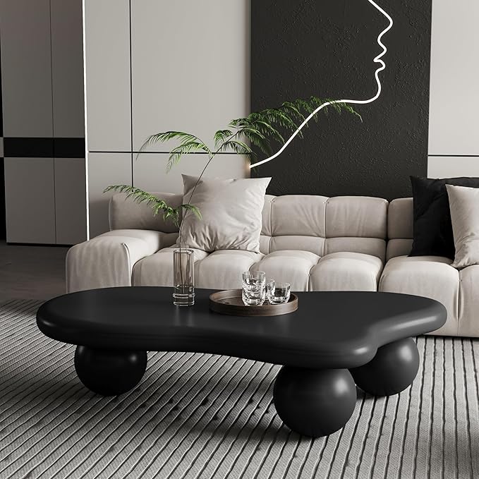 47 Inch Cloud Shaped Coffee Table with 3 Ball Legs for Living Room Black
