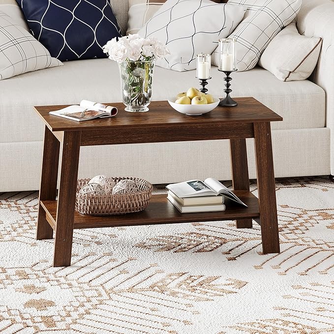Coffee Table for Living Room, 2 Tier Coffee Table with Storage, Small Rectangular Center Tables with Shelf, Space Saving, Easy Assembly, Light Walnut