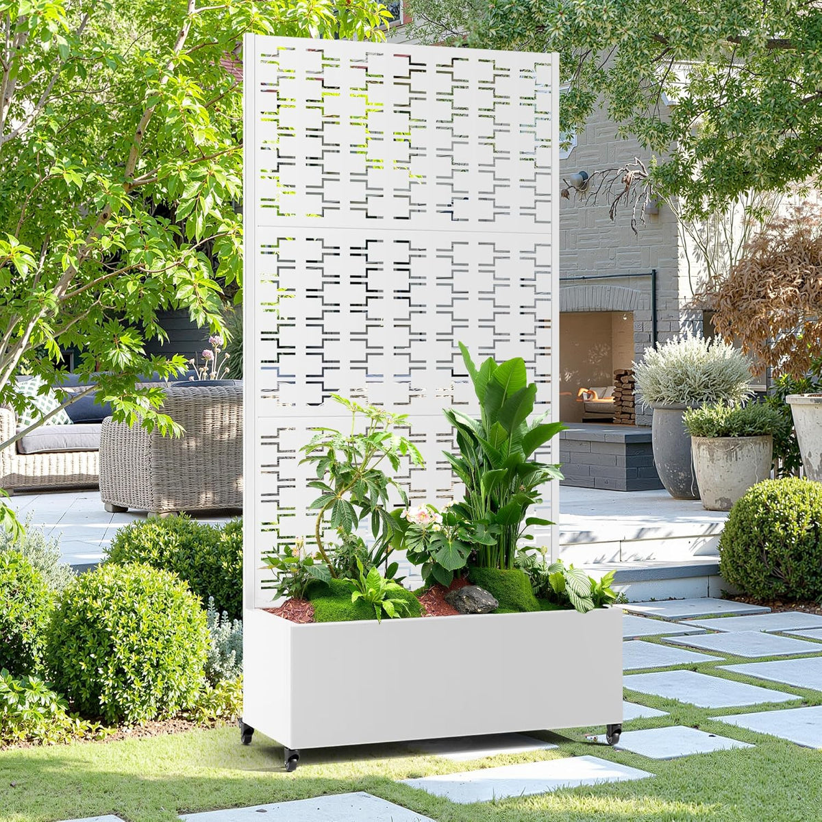 15.7"×70.9"×35.4" Metal Raised Garden Bed with Trellis and Wheels - Tall Trellis Planter Box for Climbing Plants, Vegetables & Vines - Outdoor Privacy Planters for Patio (White-Brick)