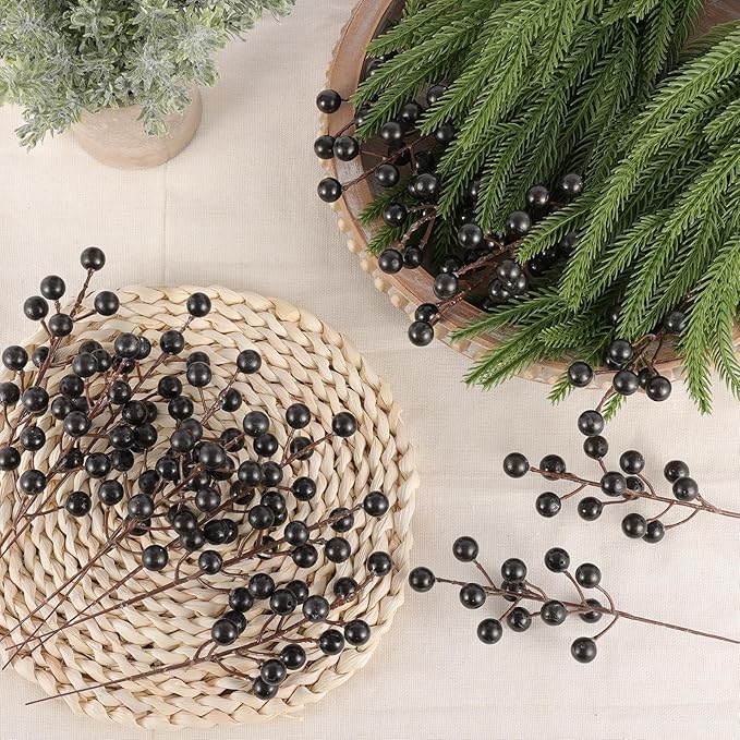 40 Pcs Artificial Berry Stems Branches, Halloween Black Faux Holly Berries Picks Ornaments for Christmas Tree Wreath DIY Craft Decorations Holiday Home Decor (40, Black)