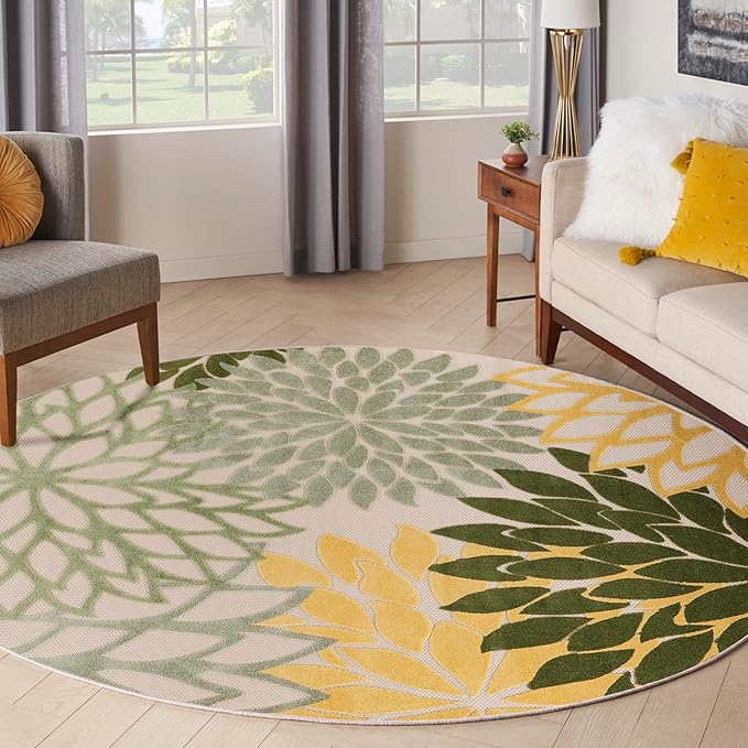 Nourison Home Aloha Indoor/Outdoor Green Multicolor 7'10" x Round Area Rug, Easy-Cleaning, Non Shedding, Bed Room, Living Room, Dining Room, Backyard, Patio, Deck (8 Round)