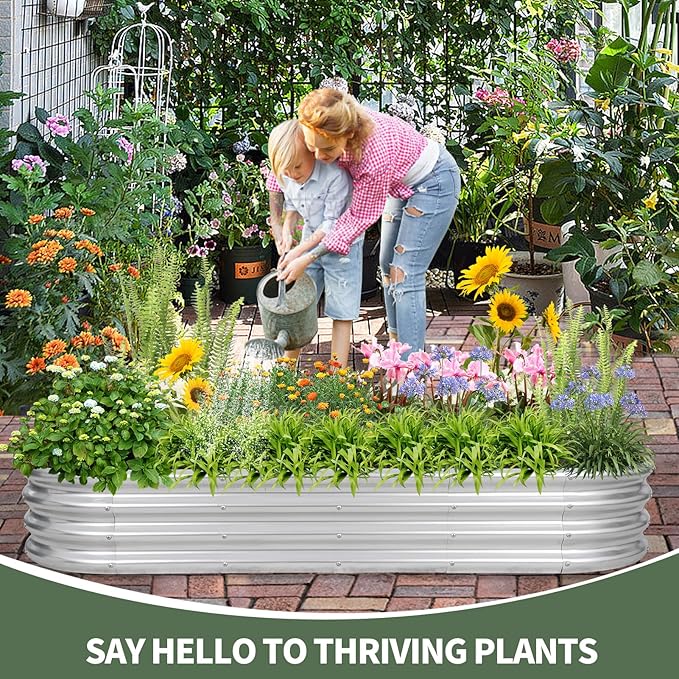 1MORE Galvanized Raised Garden Bed- Planter Garden Boxes Outdoor, Raised Beds for Gardening, 6x2x1ft Metal Garden Bed Kit for Vegetables Flower, Planter Raised Beds with Protective Tape & Tools.Silver