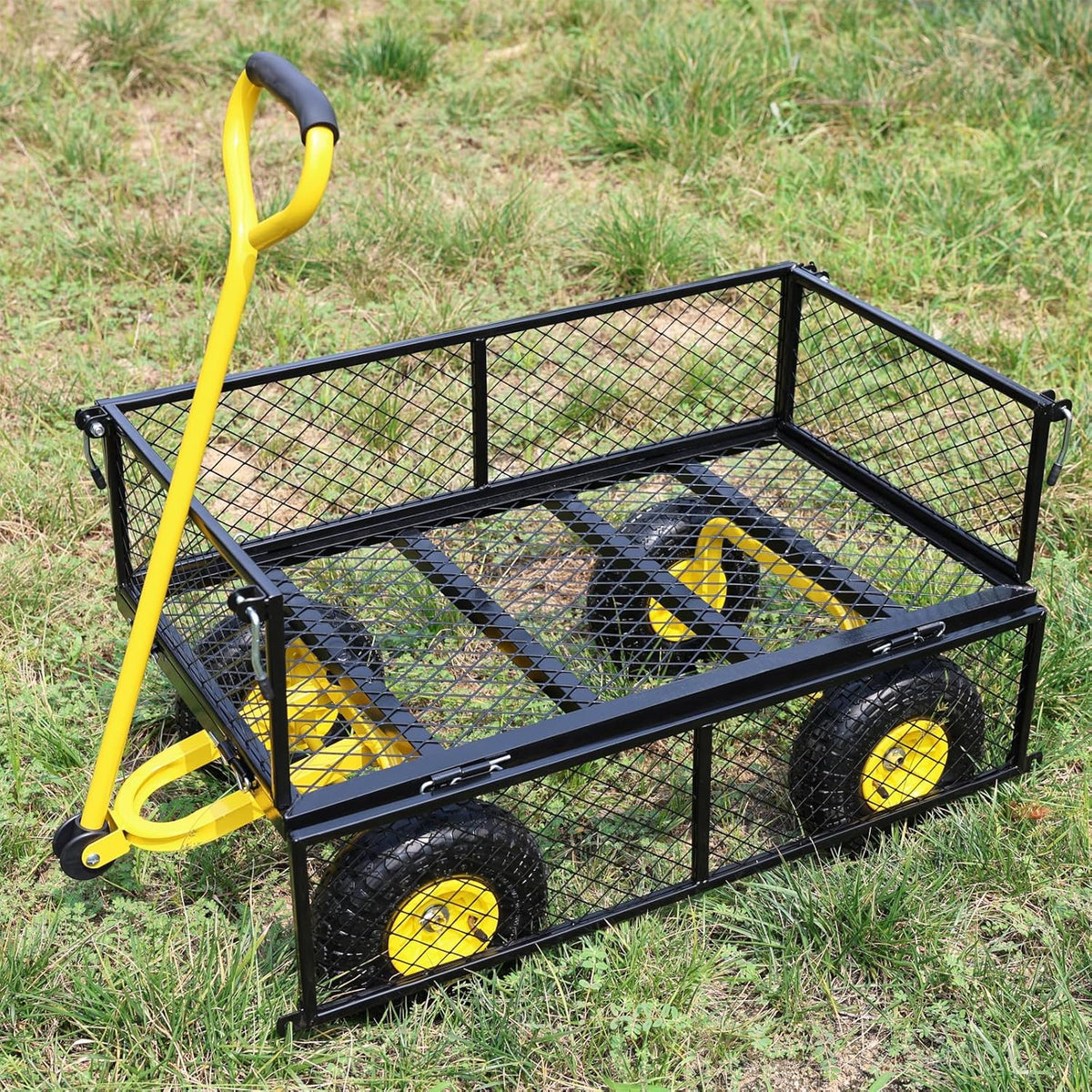 Wagon Removable Sides - Farm, Warehouse, Yard Dump Cart - Yellow+Black Air Wheels