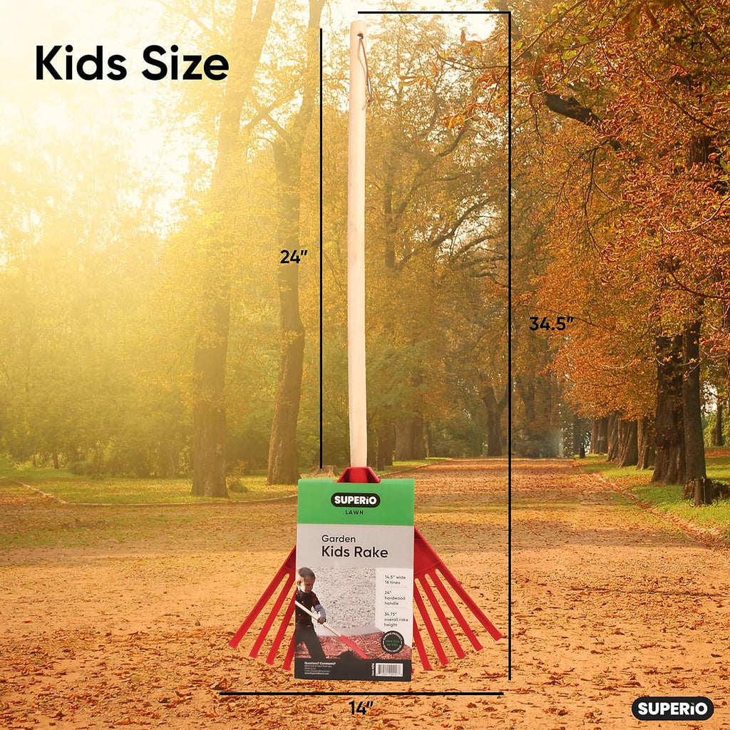Kids Rake with Hardwood Handle, Durable Plastic Head to Sweep Leaves in Lawn and Tidying Up The Garden, 34" (Red), 6 Pack