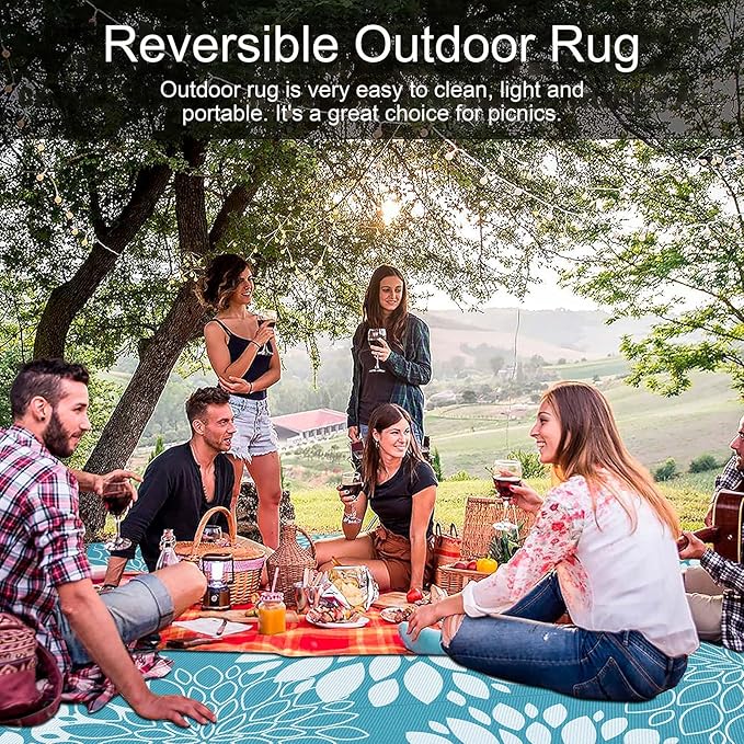 Ileading Reversible Outdoor Rug 8x10Ft Waterproof Patio Rug Carpet Portable Outdoor Plastic Straw Rug Large RV Camping Mat Rug for Patio, Clearance, Deck, Beach, Porch, Camping, Picnic, Teal