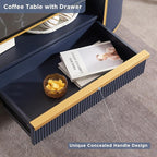 OKD Modern Luxury Fluted Coffee Table, 48" Oval Coffee Table with Drawer, Faux Marble Top, Curved Profile Design, Gold Metal Decor, Center Table for Living Room, Navy Blue