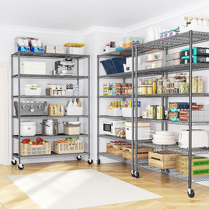 82" H X45 W X18 D Storage Shelves with Wheels, 6 Tier Wire Shelving Adjustable Metal Shelving Pantry Shelves Capacity 1200LBS for Garage Shelving, Pantry, Kitchen, Closet, Black