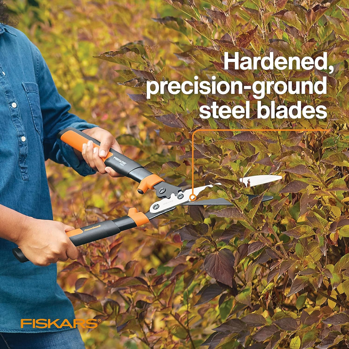 Fiskars 23-Inch Hedge Shears, Bush Trimmer with PowerGear2 Technology that Multiplies Power for Less Effort, SoftGrip Handles with Shock-Absorbing Bumpers