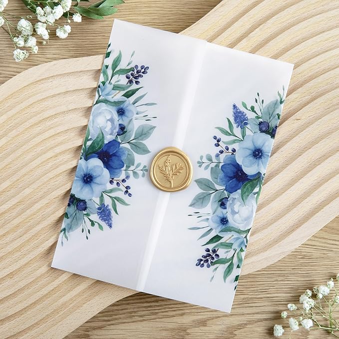 PONATIA 50 PCS Vellum Jackets for 5x7 Invitation Cards - 135GSM Royal Blue Flowers Vellum Sleeves, Transparent Gift Card Jackets