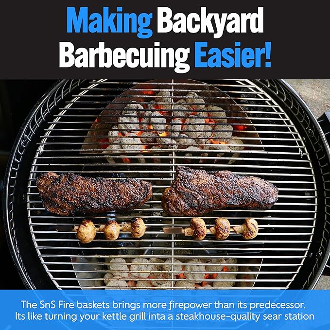 SnS Grills Slow ‘N Sear Charcoal Fire Baskets with Water Pan - Large Capacity Heavy Duty Stainless Steel Outdoor Grill Basket, Kettle Grill Accessory - Compatible with Weber and other Kettles