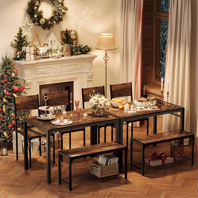 Shahoo Kitchen Table and 2 Chairs for 4 with Bench, 4 Piece Dining Sets for Small Space, Brown