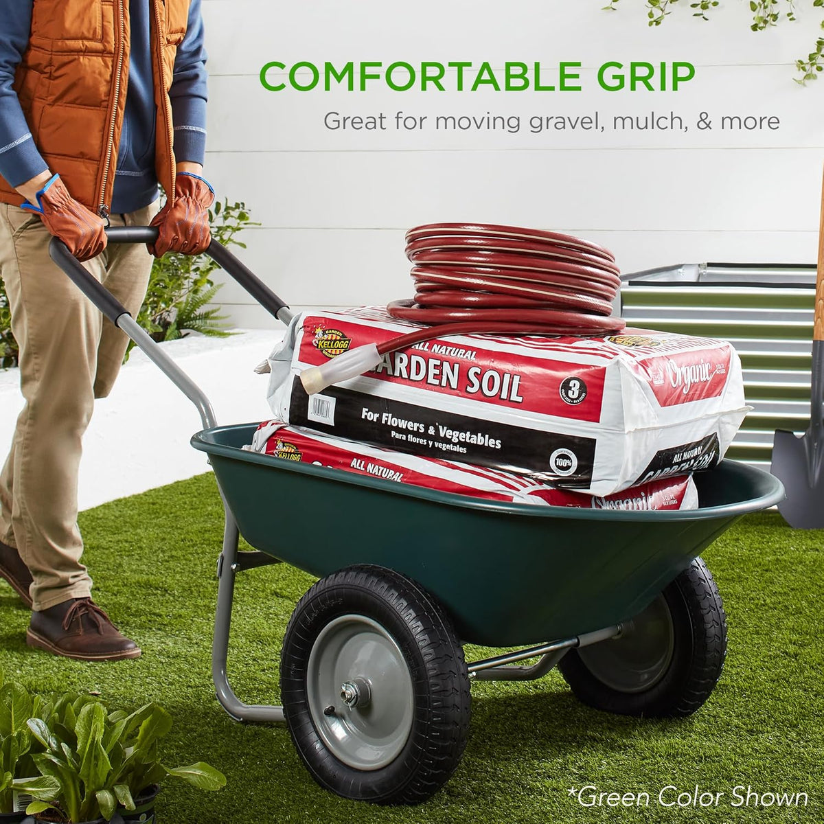 Best Choice Products Dual-Wheel Home Utility Yard Wheelbarrow Garden Cart w/Built-in Stand for Lawn, Gardening, Construction - Red