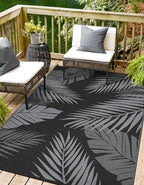 Outdoor Rug 9’x12’ Waterproof for Patio Clearance, Reversible Indoor Outdoor Plastic Straw Camping Rug Carpet, RV Mat, Large Area Rug for Deck, Backyard, Balcony, Porch, Beach, Black & Grey