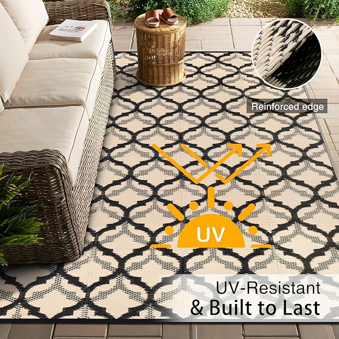 OLANLY Reversible Outdoor Rug 6x9 ft Clearance, Waterproof Outdoor Plastic Straw Rug with Interlacing Pattern, RV Mat for Patio, Camping, Balcony, Deck, Backyard, Black & Beige
