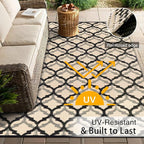 OLANLY Reversible Outdoor Rug 6x9 ft Clearance, Waterproof Outdoor Plastic Straw Rug with Interlacing Pattern, RV Mat for Patio, Camping, Balcony, Deck, Backyard, Black & Beige