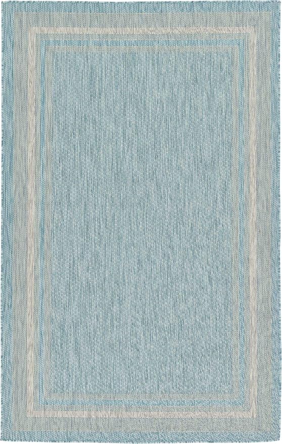 Unique Loom Outdoor Border Collection Area Rug - Soft Border (5' 1" x 8' Rectangle, Aquamarine/ Ivory)