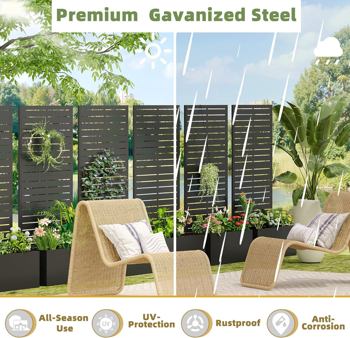 Casaphoria Metal Raised Garden Bed, 47"x24"x12" Planter Box for Climbing Plants, Vegetables & Vines, Features Drainage Holes and Privacy Screen (Black-Louvered)
