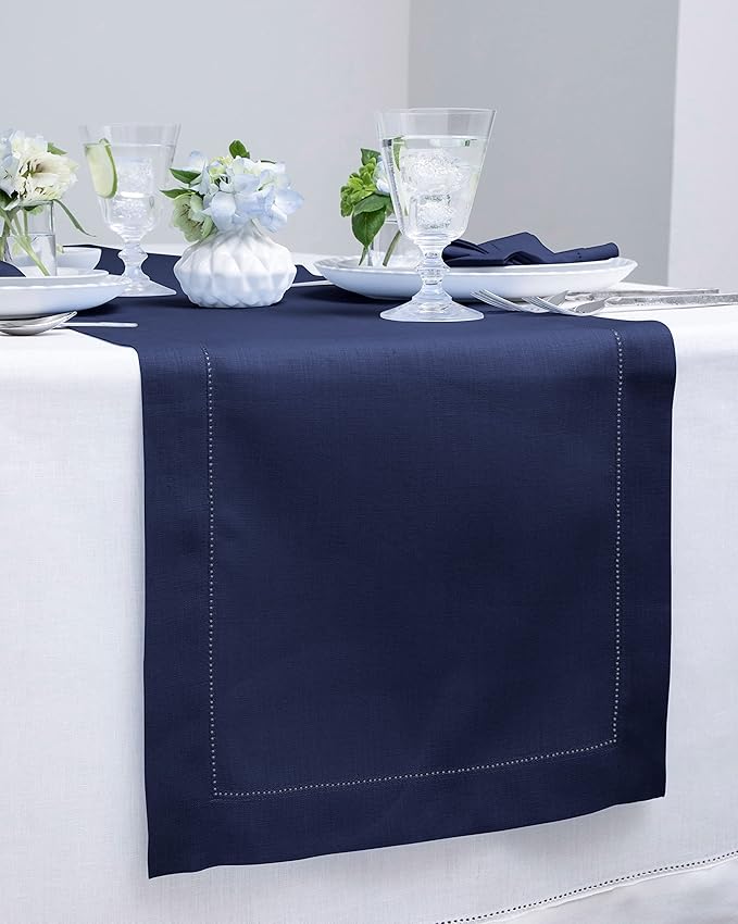 Solino Home Linen Navy Blue Table Runner 108 Inches Long - 100% Pure Linen 14 x 108 Inch Table Runner for Fall, Autumn, Thanksgiving, Christmas - Classic Hemstitch