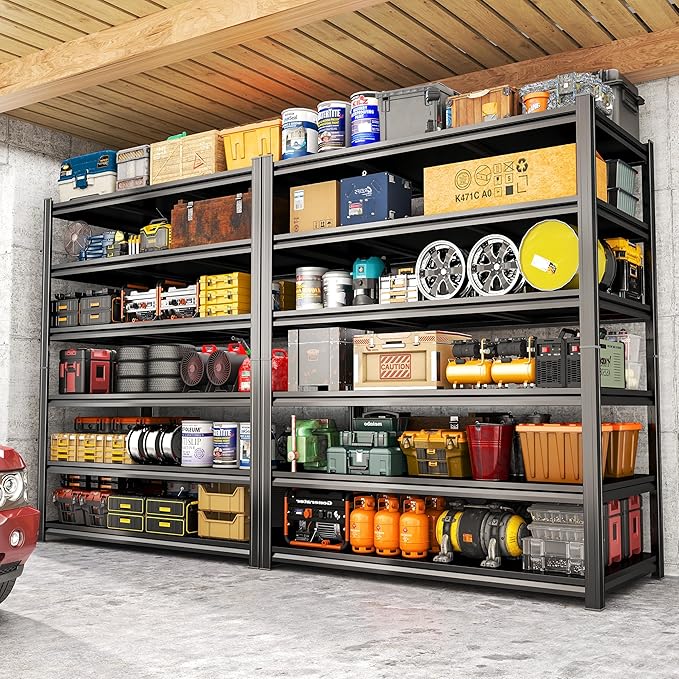 6 Tier Metal Garage Shelving Unit 82" H Storage Shelves Adjustable Heavy Duty Utility Rack Shelf Organizer Units and Storage Rack Renter Friendly Black Shelves