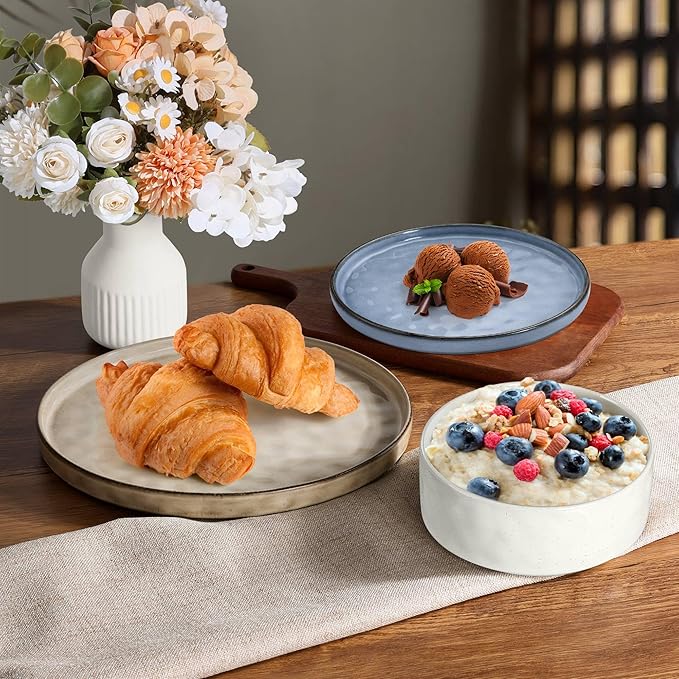 LIANYU 12 Piece Dinnerware Sets, Stoneware Tableware Dish Set for 4, Plates and Bowls Dishware for Dinner Dessert Pasta, Chip & Scratch Resistant, Multi-color