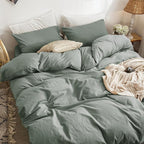 MooMee Bedding Duvet Cover Set 100% Washed Cotton Linen Like Textured Breathable Durable Soft Comfy (Heathered Green, Oversized Full 82"x86")
