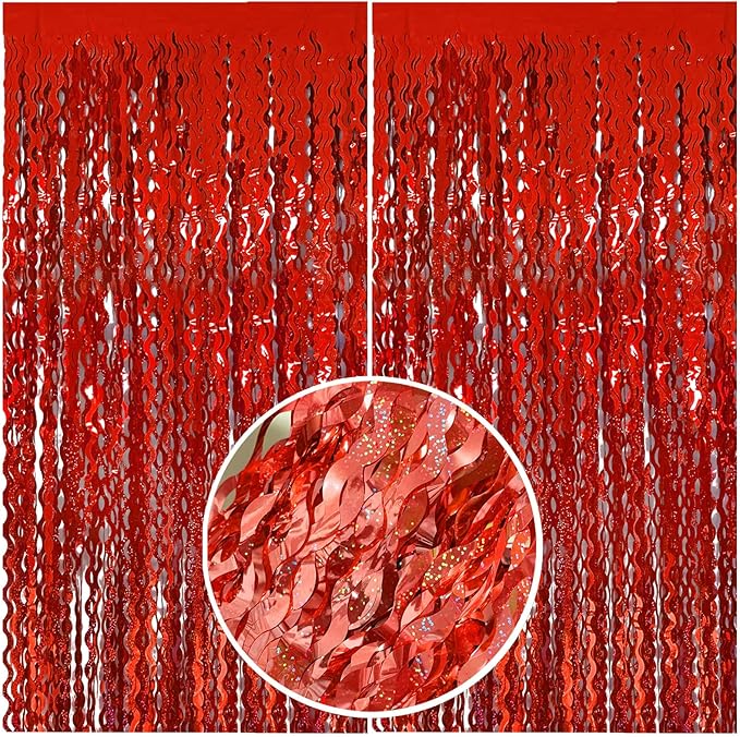Red Streamers Tinsel Foil Fringe Curtains Wavy for Parties Sparkle Metallic Wavy Foil Fringe Backdrop Curtain for Party Decorations Photo Booth Props Birthday Graduation Wedding Valentines Decor