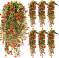 6 Pcs Artificial Fall Hanging Flowers Outdoor Silk Mum Plants Autumn Decor Faux Violet with Eucalyptus Realistic UV Resistant Trailing Vine Thanksgiving Porch Yard(Bright Color,Violet)