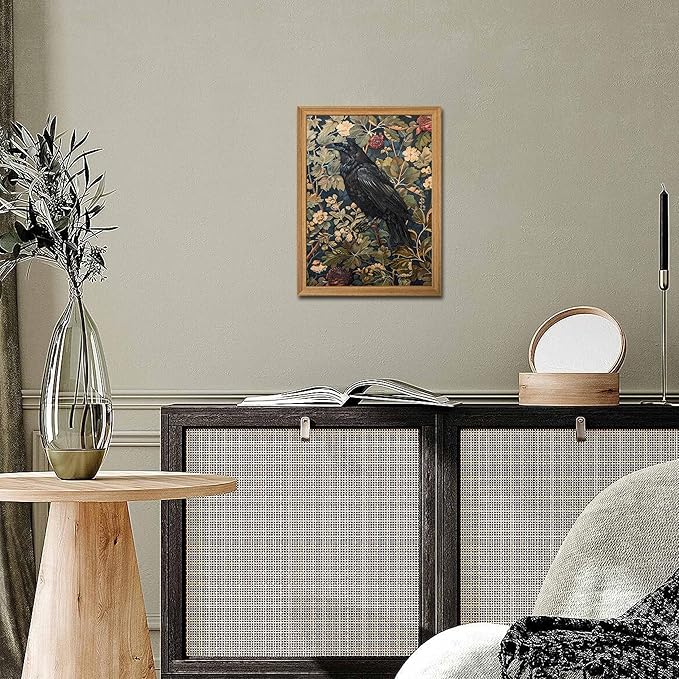 Framed 3D Textured Vintage Wall Art - Dark Academia Decor Hand Drawn Sandstone Black Crow Paintings with Botanical Florals, Aesthetic Wall Decor for Living Room Bedroom Home 8x10 inch