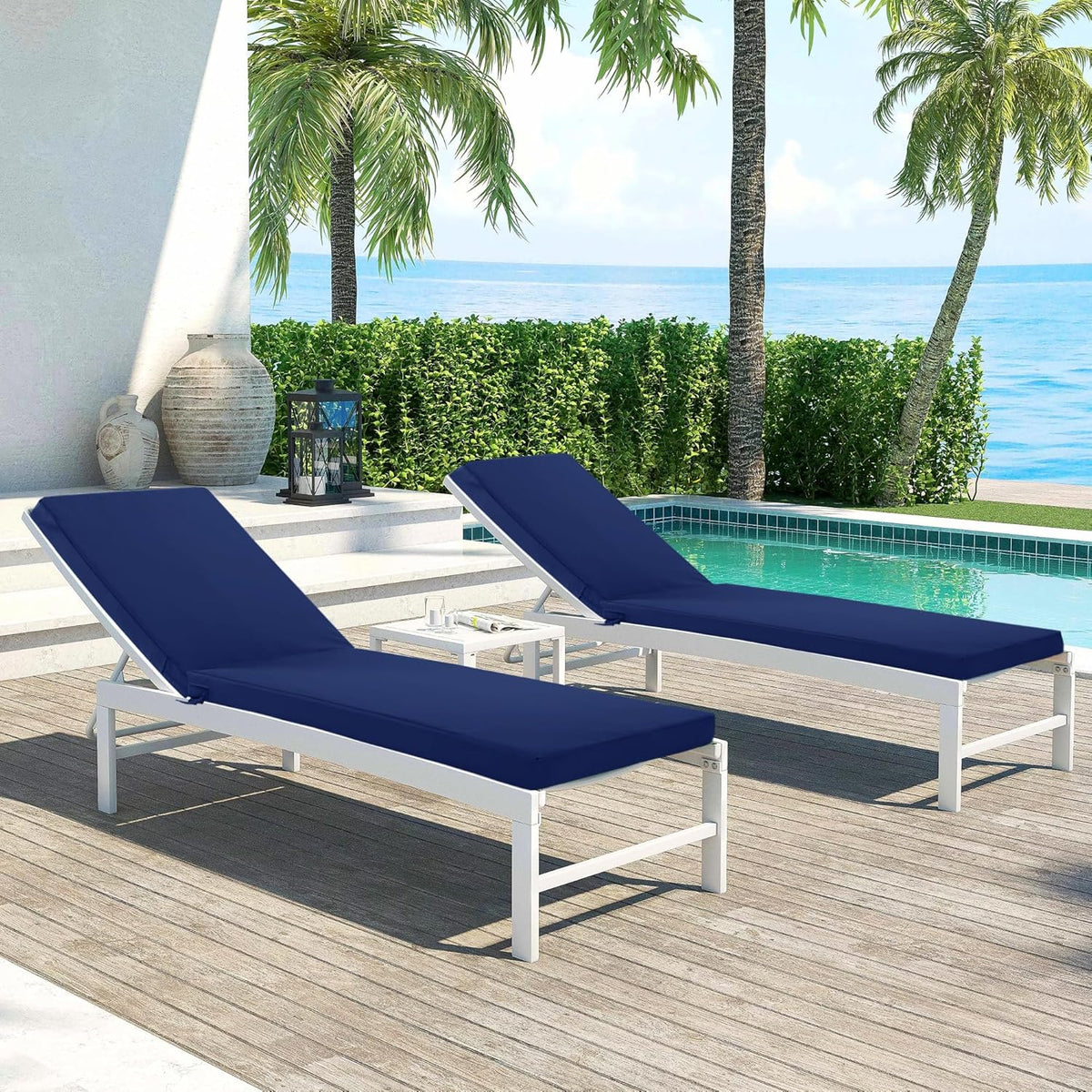 Chaise Lounge Cushions Outdoor Set of 2 - Waterproof and Fade Resistant Sun Lounger Replacement Cushions - Patio Lounger Pads with Removable Cover for Pool, Deck, 80 x 26 x 3 Inch, Navy