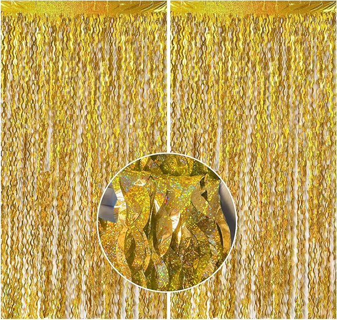 2 Pack Gold Fringe Curtain Backdrop Tinsel Streamers Birthday Party Decorations Photo Booth Backdrop Halloween New Year Graduation Theme Party Decorations