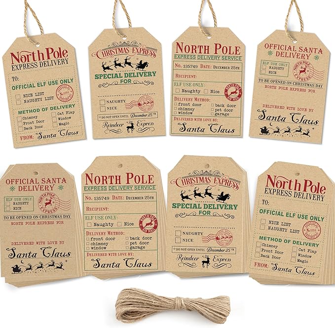 from Santa Christmas Gift Tags, 48 Kraft Labels with String (2x3”), 4 Vintage Santa Tags, Rustic Holiday Name Labels for Presents