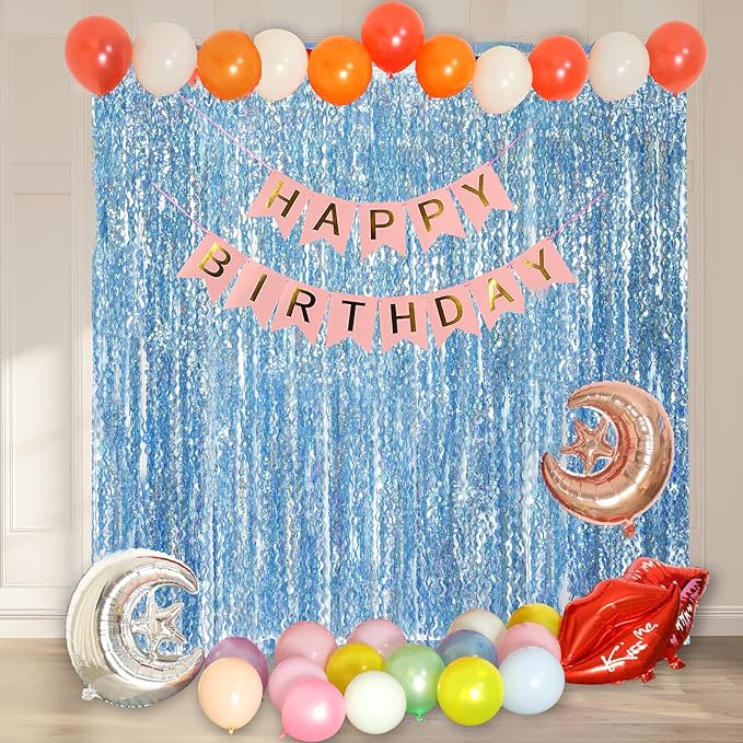4 Pack Wavy Blue Tinsel Backdrop Streamers Party Decorations 3.3x6.6 Feet | Foil Fringe Curtain Ocean Themed | Blue Birthday Decorations