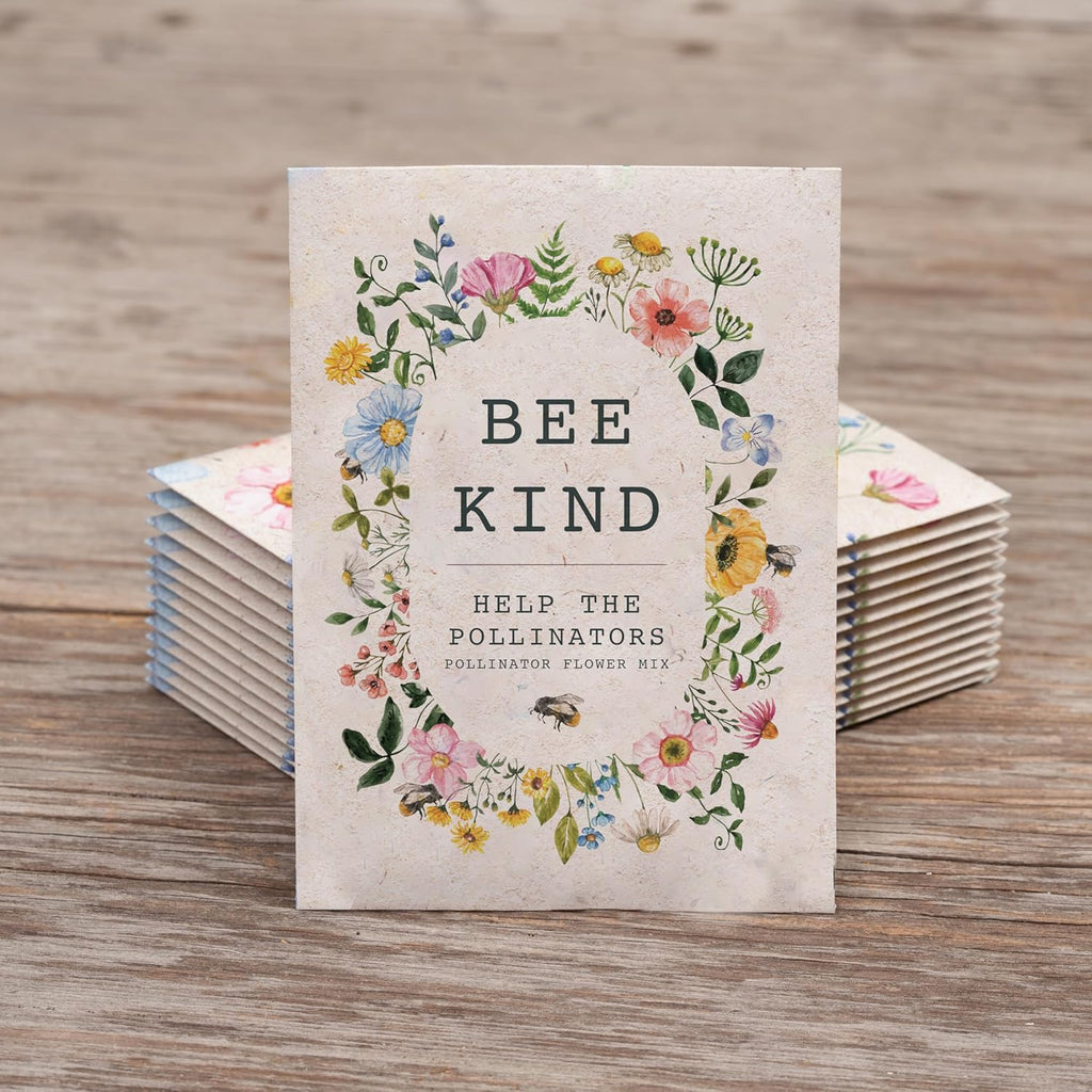Bentley Seed Co. | Bee Kind Pollinator Flowers | Beautiful Bee Art Kraft Look Seed Packets | Environmental Favors Cards for Guests | Wildflower Mix Seed Packets | Eco-Friendly Hand Out Gift | 25 Pack