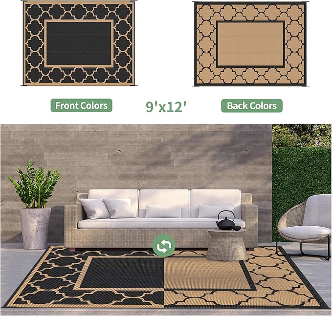 GENIMO Outdoor Rug 9' x 12' Patio Waterproof, Foldable Reversible Plastic Straw Area Rugs Mat for Camper Decor, Outside Carpet for Rv, Deck, Porch, Picnic, Beach, Balcony, Black & Brown