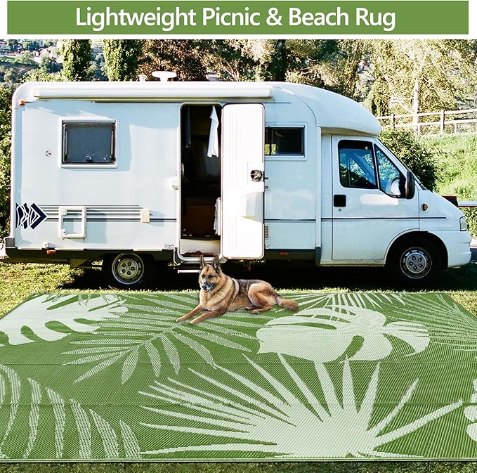 Waterproof Outdoor Rug 9x12 ft, Reversible Plastic Straw Mat with Leaf Pattern, Large Floor Mat for Patio, Camping, Picnic, Backyard RV, Deck, Light Green