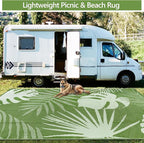 Waterproof Outdoor Rug 9x12 ft, Reversible Plastic Straw Mat with Leaf Pattern, Large Floor Mat for Patio, Camping, Picnic, Backyard RV, Deck, Light Green
